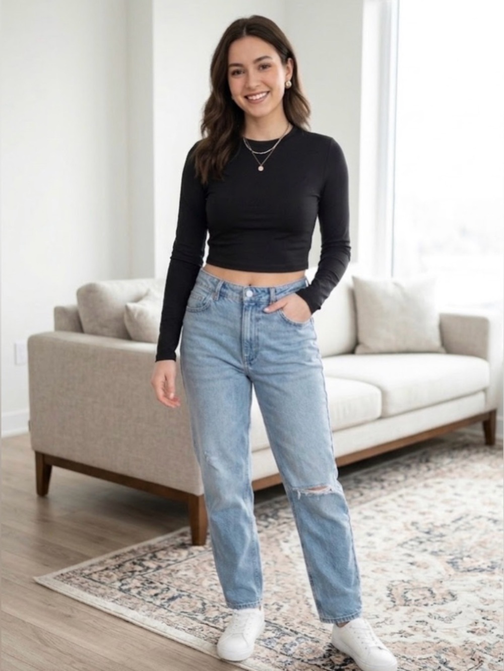 Black Long-Sleeve Crop Top - Women